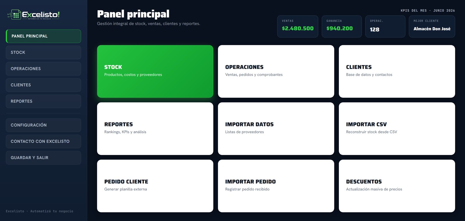 Sistema de gestión Excelisto: ventas, ganancia, stock y fiados en una pantalla